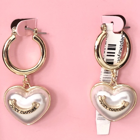 Juicy Couture Gold Tone Faux Pearl Heart Fashion Drop Earrings, New In Box - Picture 2 of 13